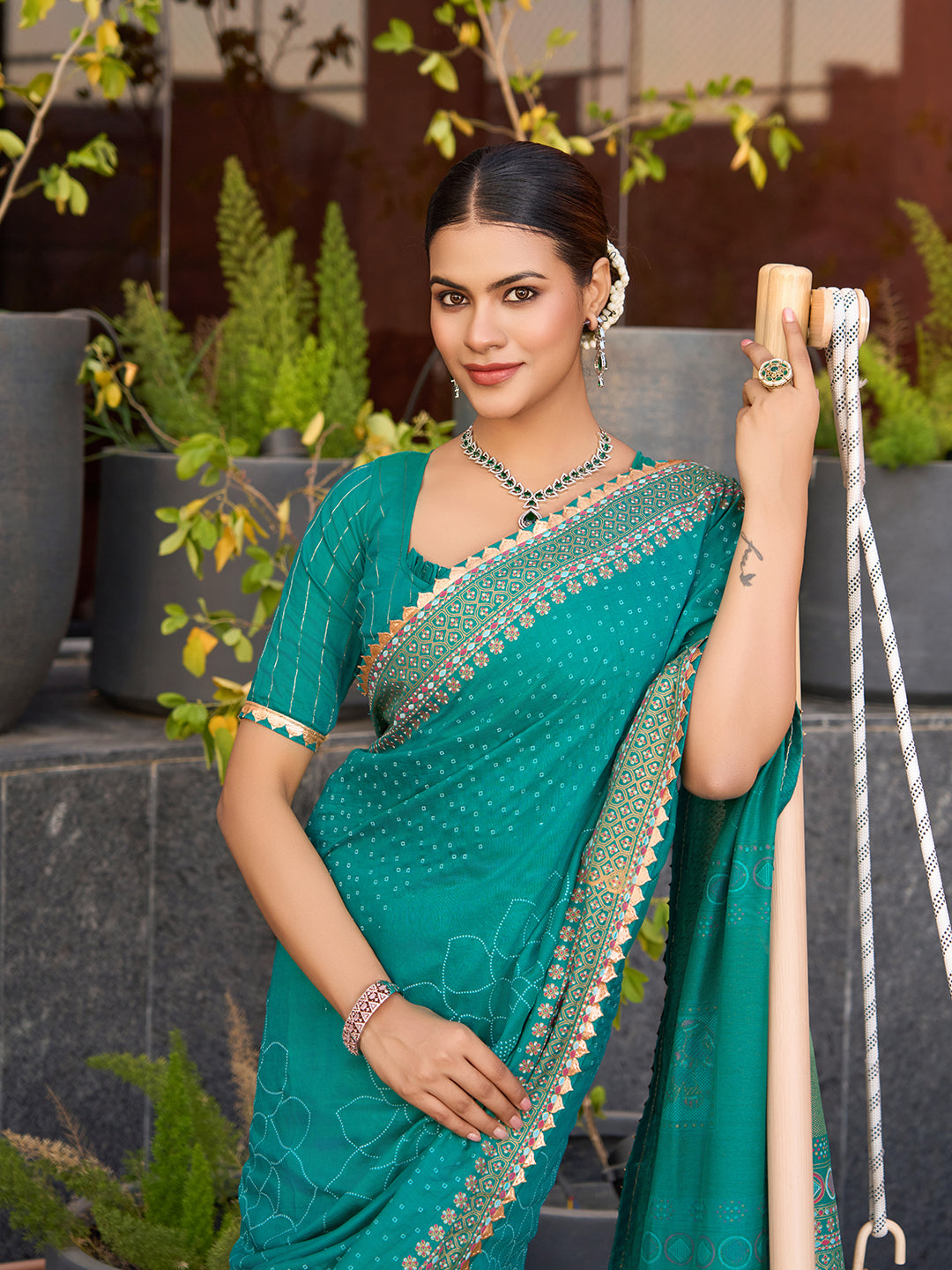 Turquoise Cotton Saree with Foil Print Border and Contrast Blouse Table Printed Design