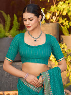 Turquoise Cotton Saree with Foil Print Border and Contrast Blouse Table Printed Design