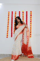 Beige Net Saree with Silver Sequin Embroidery for Parties