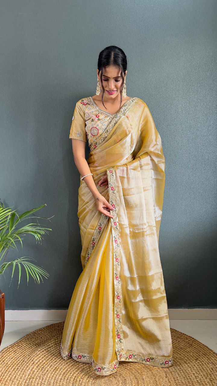 Golden Yellow Silk Saree with Embroidered Border and Designer Blouse for Festive Wear