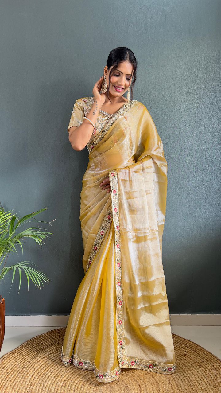 Golden Yellow Silk Saree with Embroidered Border and Designer Blouse for Festive Wear