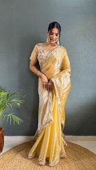 Golden Yellow Silk Saree with Embroidered Border and Designer Blouse for Festive Wear