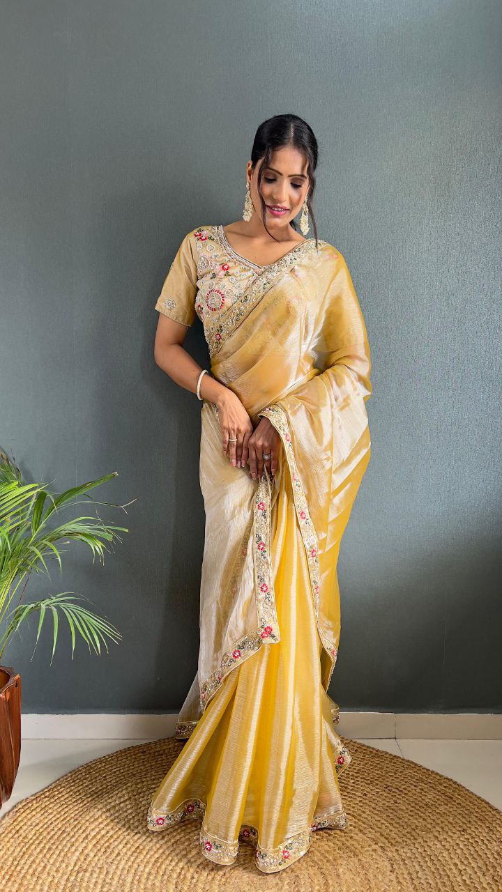 Golden Yellow Silk Saree with Embroidered Border and Designer Blouse for Festive Wear