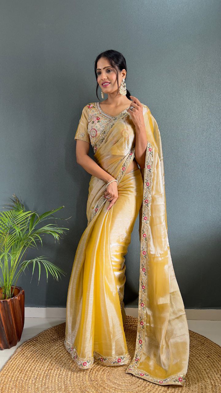 Golden Yellow Silk Saree with Embroidered Border and Designer Blouse for Festive Wear