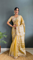 Golden Yellow Silk Saree with Embroidered Border and Designer Blouse for Festive Wear