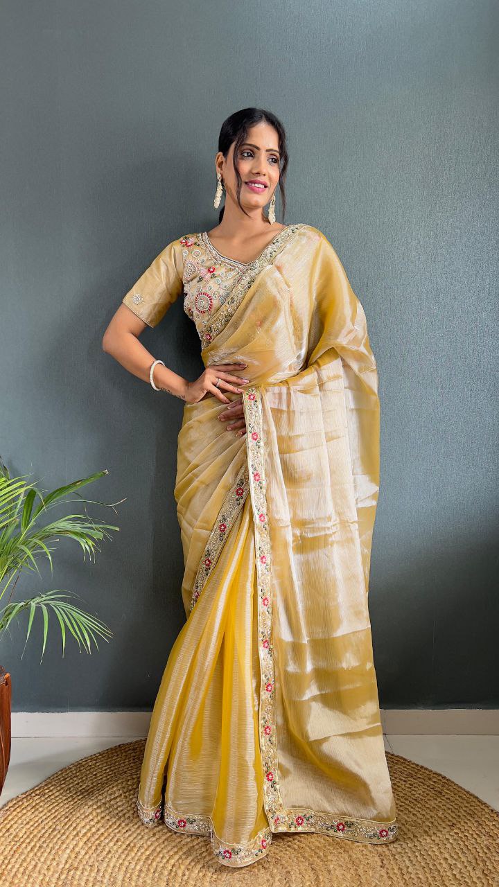 Golden Yellow Silk Saree with Embroidered Border and Designer Blouse for Festive Wear