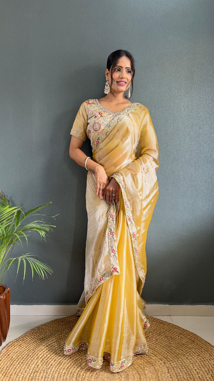 Golden Yellow Silk Saree with Embroidered Border and Designer Blouse for Festive Wear