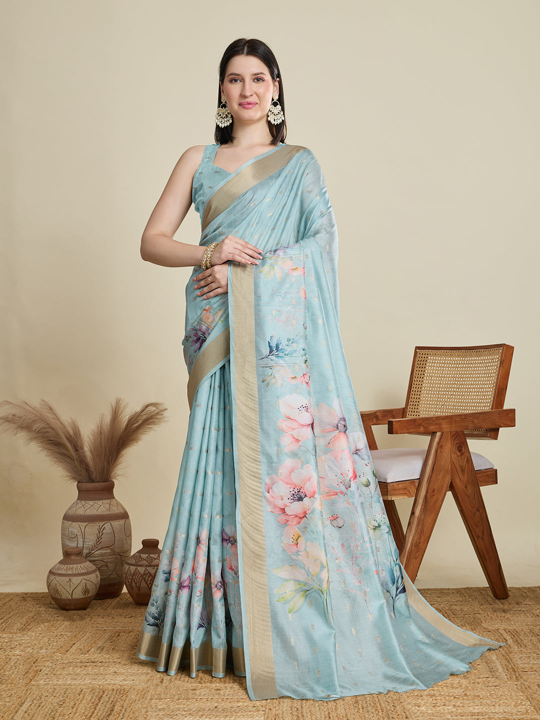 Blue Semi Cotton Saree with Zari Border and Contrast Printed Blouse