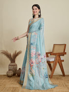Blue Semi Cotton Saree with Zari Border and Contrast Printed Blouse