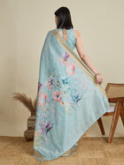 Blue Semi Cotton Saree with Zari Border and Contrast Printed Blouse