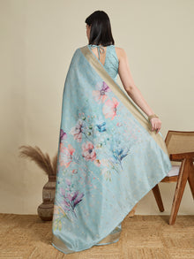 Blue Semi Cotton Saree with Zari Border and Contrast Printed Blouse