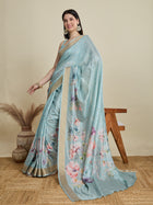 Blue Semi Cotton Saree with Zari Border and Contrast Printed Blouse