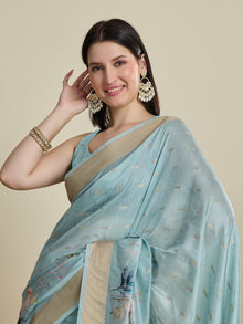 Blue Semi Cotton Saree with Zari Border and Contrast Printed Blouse