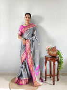 Graceful Grey Kanjivaram Silk Saree with Pink & Golden Zari Border