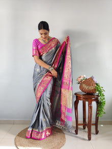 Graceful Grey Kanjivaram Silk Saree with Pink & Golden Zari Border