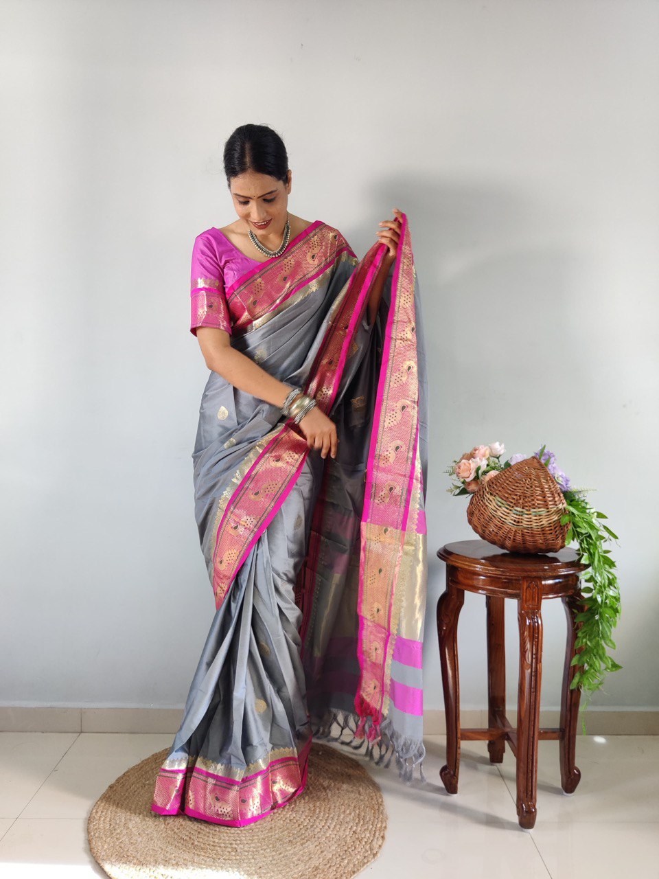 Graceful Grey Kanjivaram Silk Saree with Pink & Golden Zari Border