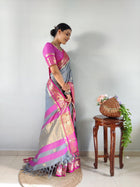 Graceful Grey Kanjivaram Silk Saree with Pink & Golden Zari Border
