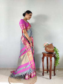 Graceful Grey Kanjivaram Silk Saree with Pink & Golden Zari Border