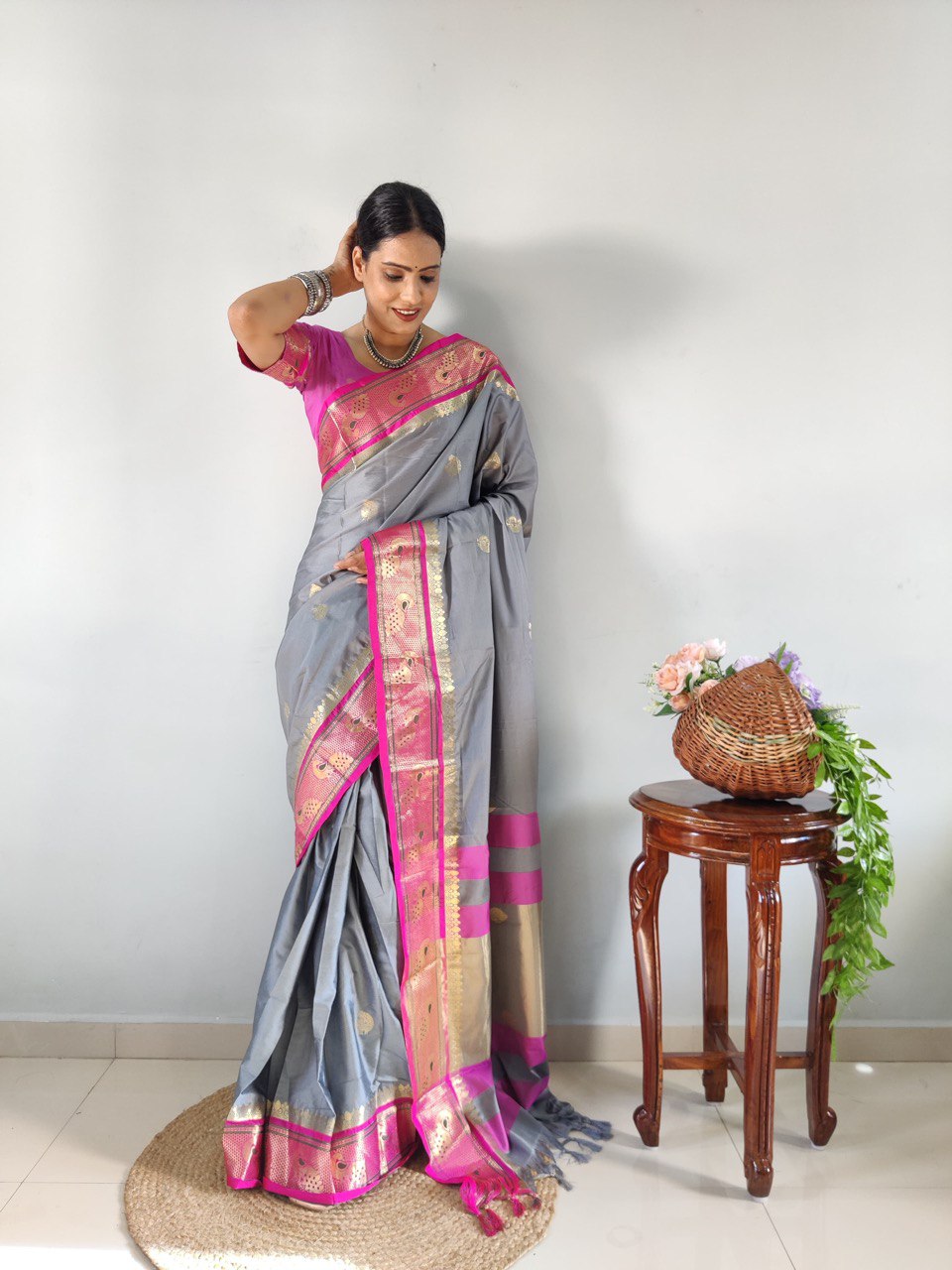 Graceful Grey Kanjivaram Silk Saree with Pink & Golden Zari Border