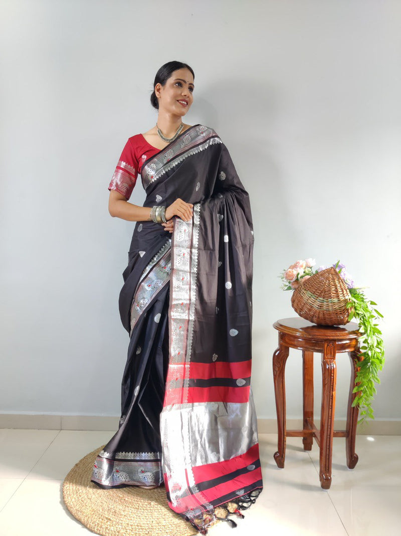 Elegant Black Silk Saree with Silver Zari Border and Red Blouse