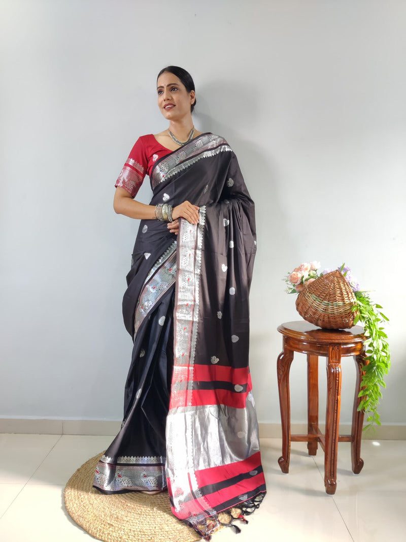 Elegant Black Silk Saree with Silver Zari Border and Red Blouse
