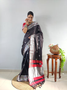 Elegant Black Silk Saree with Silver Zari Border and Red Blouse
