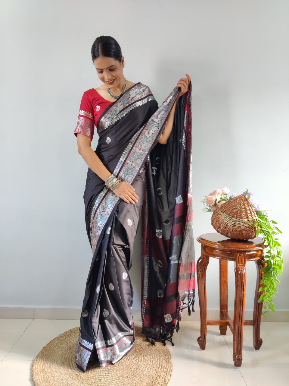 Elegant Black Silk Saree with Silver Zari Border and Red Blouse