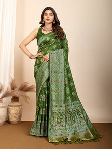 Graceful pure green silk saree with all over Mina Kari weaving and rich zari pallu.