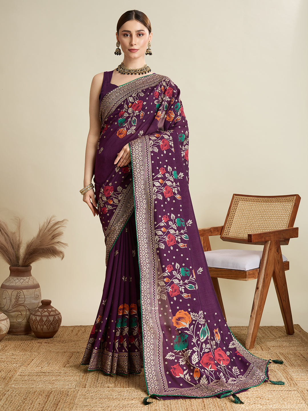 Cotton Purple saree with all over floral table prints and piping border