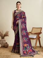 Cotton Purple saree with all over floral table prints and piping border