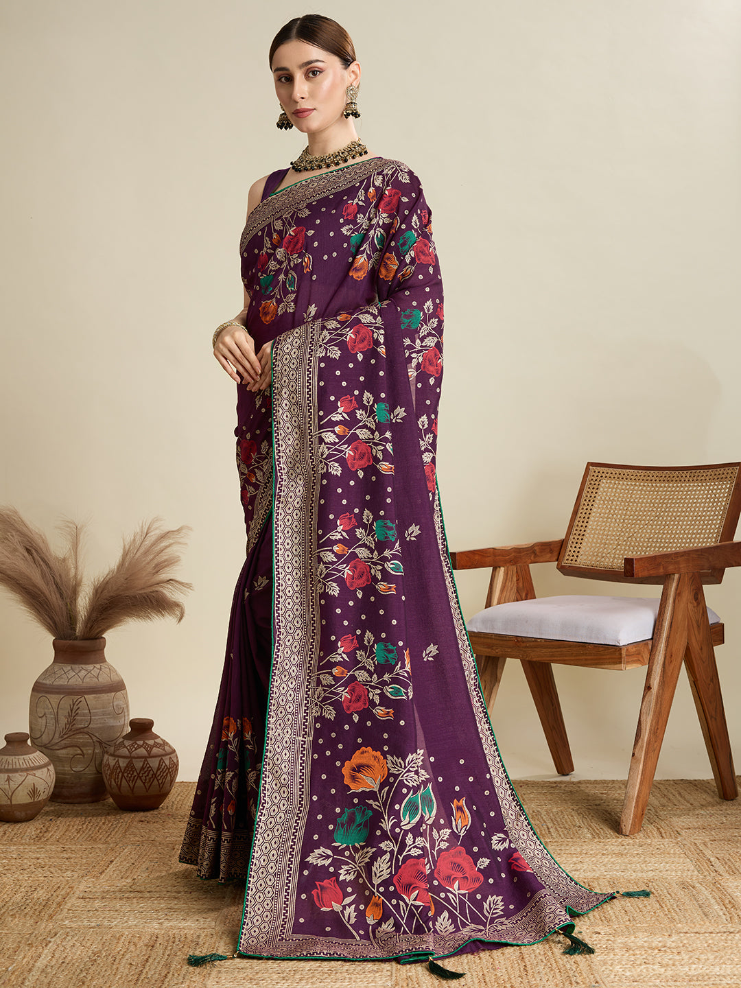 Cotton Purple saree with all over floral table prints and piping border
