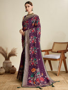 Cotton Purple saree with all over floral table prints and piping border