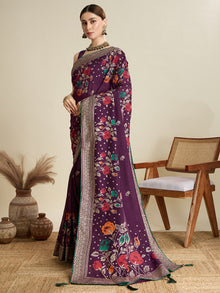 Cotton Purple saree with all over floral table prints and piping border