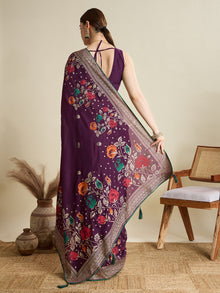 Cotton Purple saree with all over floral table prints and piping border