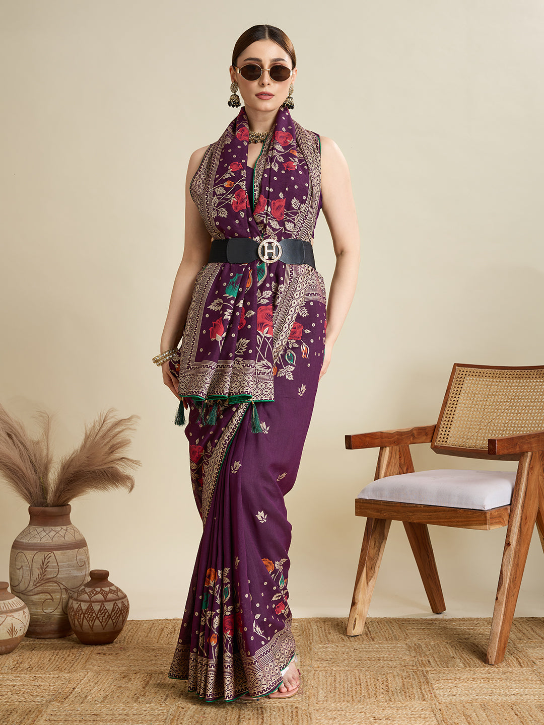 Cotton Purple saree with all over floral table prints and piping border