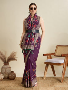 Cotton Purple saree with all over floral table prints and piping border