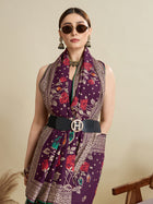 Cotton Purple saree with all over floral table prints and piping border