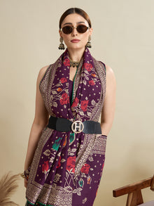 Cotton Purple saree with all over floral table prints and piping border