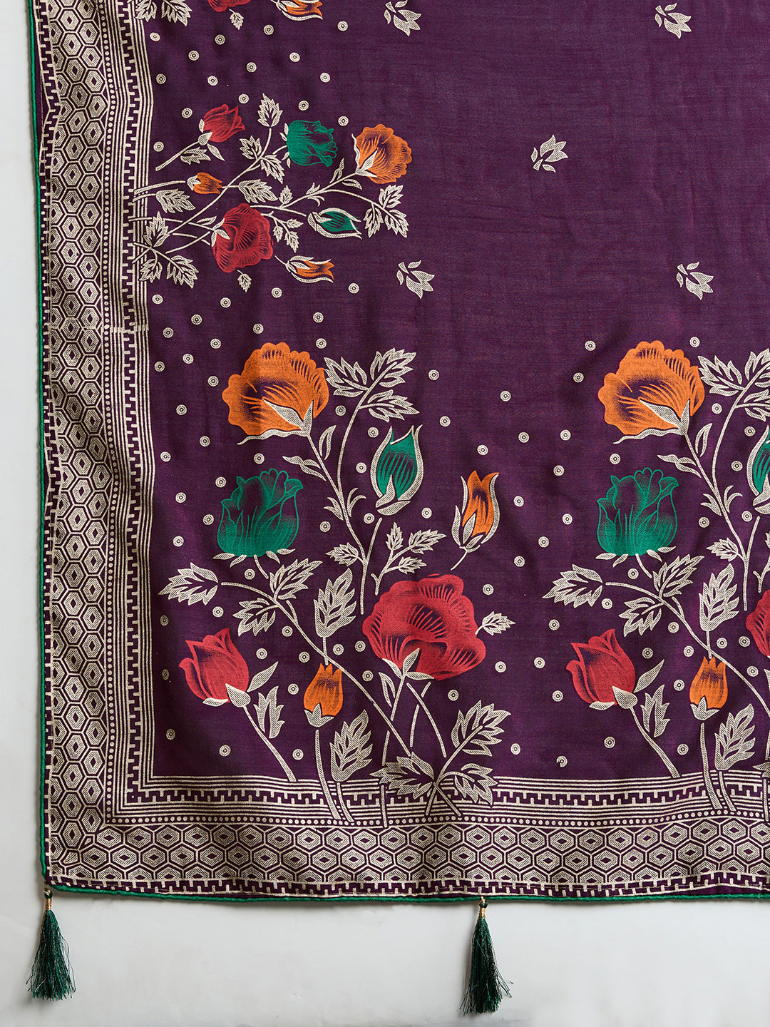 Cotton Purple saree with all over floral table prints and piping border