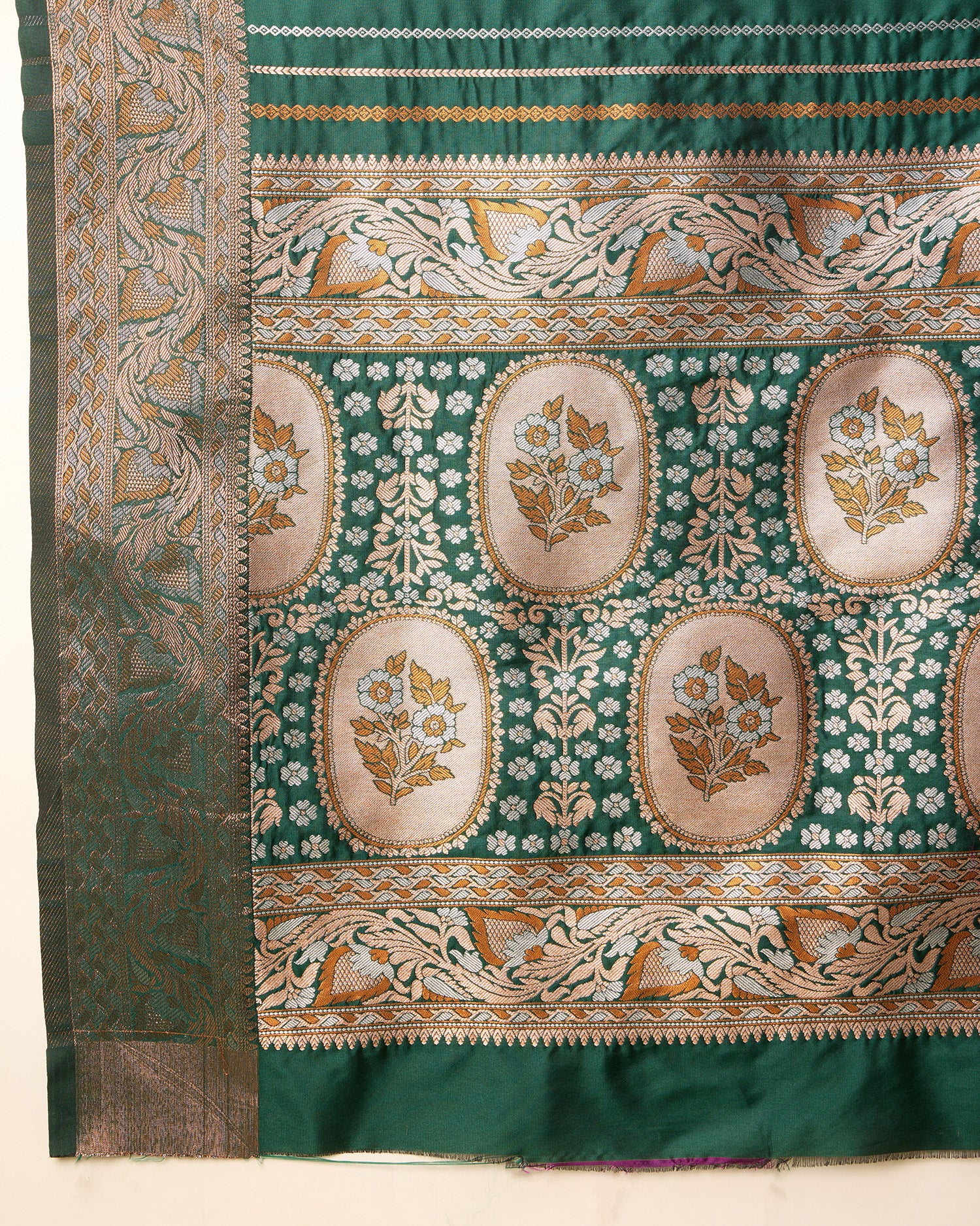 Pure Jacquard silk saree in deep green with sona chandi zari, vibrant 3 zari weaving