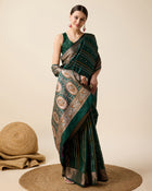 Pure Jacquard silk saree in deep green with sona chandi zari, vibrant 3 zari weaving