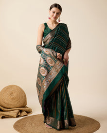 Pure Jacquard silk saree in deep green with sona chandi zari, vibrant 3 zari weaving