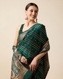 Pure Jacquard silk saree in deep green with sona chandi zari, vibrant 3 zari weaving