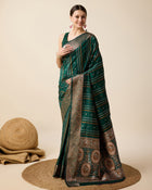 Pure Jacquard silk saree in deep green with sona chandi zari, vibrant 3 zari weaving