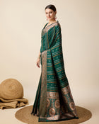 Pure Jacquard silk saree in deep green with sona chandi zari, vibrant 3 zari weaving