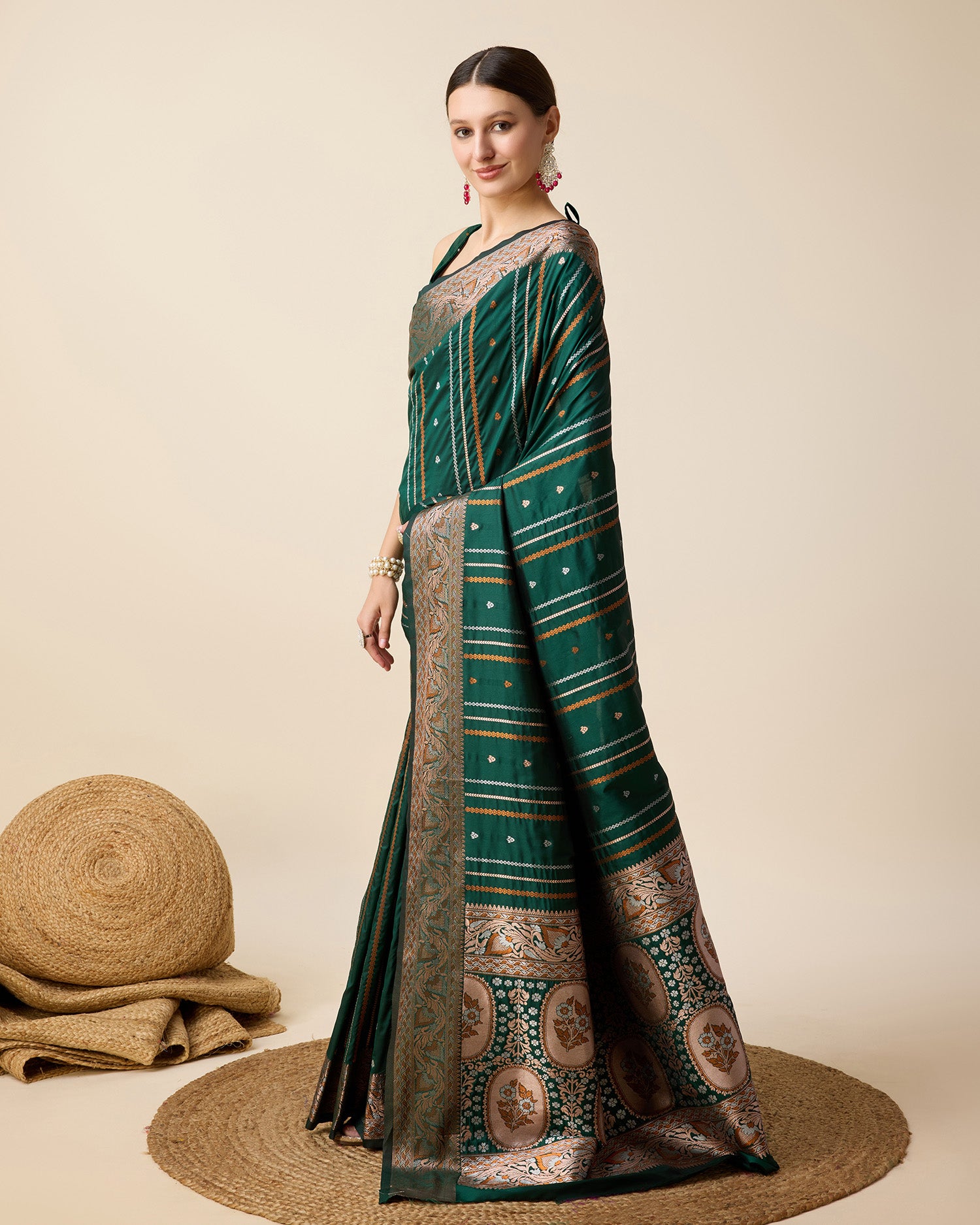 Pure Jacquard silk saree in deep green with sona chandi zari, vibrant 3 zari weaving