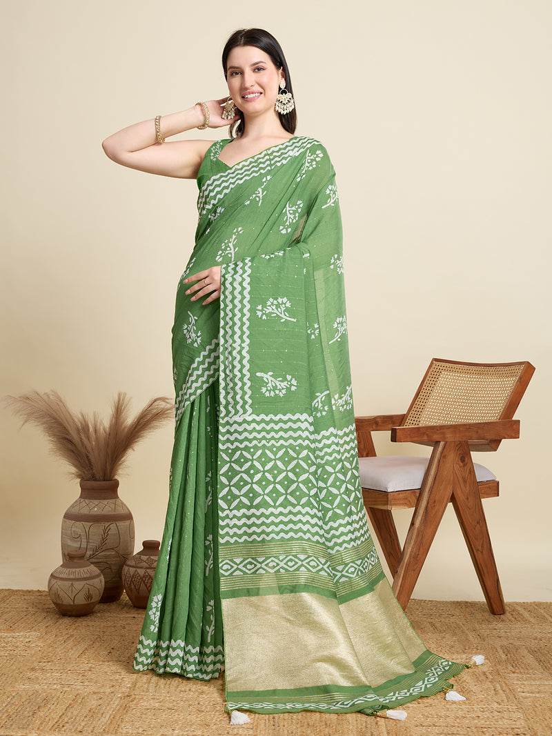 Green Semi Cotton Saree with Sequence Weaving Jari Pallu Printed Saree with Blouse