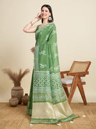 Green Semi Cotton Saree with Sequence Weaving Jari Pallu Printed Saree with Blouse