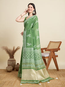 Green Semi Cotton Saree with Sequence Weaving Jari Pallu Printed Saree with Blouse