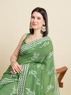 Green Semi Cotton Saree with Sequence Weaving Jari Pallu Printed Saree with Blouse